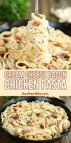 chicken pasta in a skillet being lifted with a fork from the skillet and then topped with cheese bacon