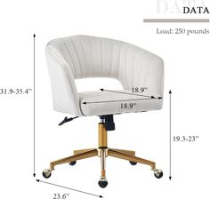 a white office chair with wheels and measurements