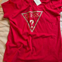 Xll , Ted Guess T-Shirt With Sparkle Detail Spring Red T-shirt With Logo Print, Trendy Red Tops With Logo Print, Baby Tee Shirts, Guess Girl, Teal Shorts, Guess Shirt, Purple Tee, Sweet Shirt, Lace Trim Top