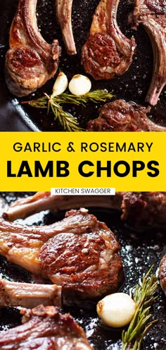 garlic and rosemary lamb chops in a cast iron skillet with text overlay