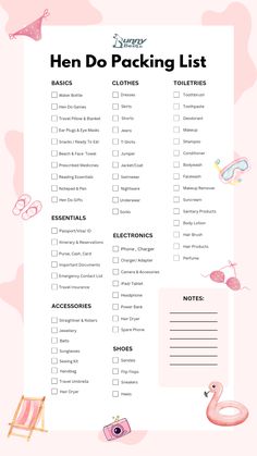 a printable hen do packing list with pink flamingos and other items on it