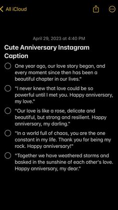 an iphone screen with the caption for cute anniversary instagramr option on it