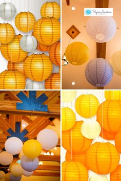 four different pictures of paper lanterns hanging from the ceiling