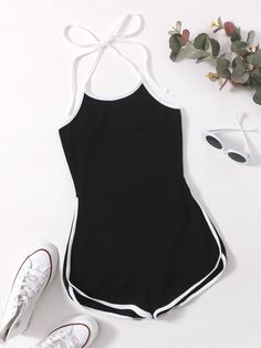 Black Casual Collar Sleeveless Fabric  Cami Embellished Slight Stretch Summer Women Clothing Comfy Jumpsuits, Wide Leg Romper, Halter Romper, Casual Rompers, Plus Size Jumpsuit, Style Noir, Halter Style, Black Romper, Rompers Women