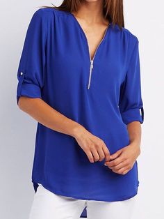 🚚FREE Shipping on orders over $60 ✨ use Code: "Mylook" for Extra Discount at checkout ﻿- 📏Sizing: run a little small 📏 Adjustable zipper front closure, solid color, sexy V neck, pullover loose, can be roll-up 2/3 sleeve or long sleeve as you like, simple but fashionable design, elegant and charming so much.This blouse is always a good choice whether in the office, café or after-work drinks, sports, shopping, work, school, beach, vacation, sports, perfectly pair with leggings, shorts, jeans, a Loose Dress Pattern, Chiffon Tops Blouses, Chiffon Blouses, Plain Blouse, Loose Shirts, Plus Size Shorts, Persona 5, Chiffon Shirt, Chiffon Blouse