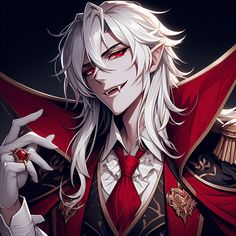 an anime character with long white hair and red eyes holding a ring in his hand