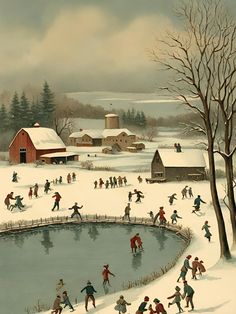 a painting of people playing in the snow near a pond and farm buildings on a snowy day