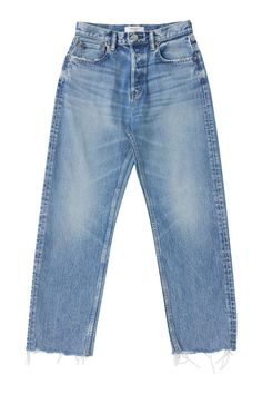 These straight-leg jeans feature a frayed hem in faded medium-wash denim High rise Five-pocket style Wide fit Ankle length Button-fly; belt loops Cotton/polyurethane Machine wash cold, line dry Style#: 540HAC12-8091 Denim 2024, Straight Cropped Jeans, Painted Jeans, Straight Crop Jeans, Material Girls, Cropped Jeans, Ankle Length, Straight Leg Jeans, Leg Jeans