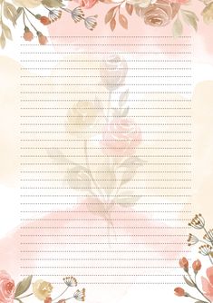 a pink and yellow floral station paper with lined lines on the bottom, surrounded by watercolor