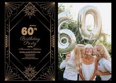 the 60th birthday party is decorated with gold and black foil balloons, starbursts, and stars