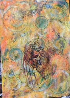 an abstract painting with lots of bubbles and circles on it's surface, as well as a drawing of a spider