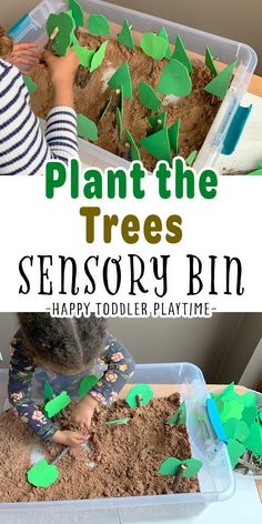 a child is playing with plants and dirt in a playtime area that has the words, plant the trees sensory bin happy toddler play time