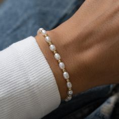 "Our GENUINE freshwater pearl beaded bracelet is gorgeous & add a nice touch of glamour to your wrist!  - - - D E T A I L S - - - * Made of 925 Sterling Silver * THICK plating of 14k Gold or Rhodium  * 6.25\" or 6.75\" + .5\" Extension Chain  * Lobster Clasp Closure * Genuine Freshwater Pearls * Pearls measure at 4mm Made with 100% Pure Love ♡ Happy to answer any questions you may have! 🥰 Let's Connect! 🥰 IG: samijewels_" Gold Bracelet With Pearls, Pearl And Gold Bead Bracelet, Gold Beaded Pearl Bracelet As Gift, Silver And Pearl Jewelry, Gold Beaded Pearl Bracelet Gift, Clean Girl Jewelry, Beaded Pearl Bracelets, Pearl Bracelet Ideas, Wedding Pearl Bracelet