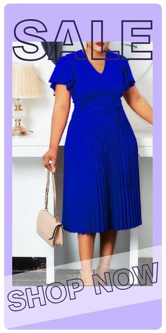 Royal Blue Elegant Solid Split Joint V Neck Pleated Plus Size Dresses Elegant Spliced Midi Dress For Summer, Elegant Summer Dresses With Splicing Details, Elegant Summer Dresses With Splicing, Non-stretch Office Dress, Non-stretch Blue Dresses For Work, Blue Short Sleeve Solid Color Dress, Blue Solid Color Dresses For Work, Workwear Dress With Splicing Details, Royal Blue Pleated Summer Dress