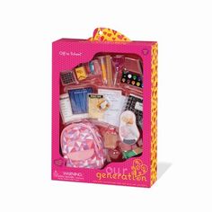 an open pink box with various items inside