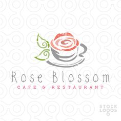 a logo for a cafe and restaurant with a rose on the top, in grey