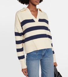 Classic Striped Polo Sweater With Ribbed Collar, Classic Collared Polo Sweater With Contrast Stripes, Classic Striped Sweater With Ribbed Collar, Classic Fall Polo Sweater With Striped Collar, Fall Cotton Polo Sweater With Striped Collar, Classic Winter Polo Sweater With Striped Collar, Chic Cashmere Polo Sweater With Ribbed Collar, Chic Striped Sweater With Ribbed Collar, Fall Polo Sweater With Striped Collar For Work