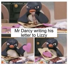 the penguin is writing his letter to lizy