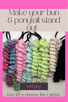 crocheted hair clips with the words, make your bun and ponytail stand out