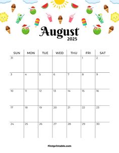 an august calendar with the sun, ice cream and other things to eat on it