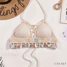 Lasaky - Womens Bohemian Crochet Tassel Trim Beach Top with Halter Tie Neck, Backless Design and Hollow Out Details - Ideal Swimwear and Clothing for Stylish Summer Looks Bohemian Crochet, Boho Mode, Embroidery Crochet, Top Halter, Bohemian Beach, Backless Design, Beach Tops, Bead Crochet, Swimwear Outfit