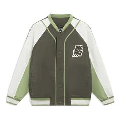 Li-Ning BadFive Graphic Cotton Baseball Jacket 'Olive White' AJMT017-5 Casual Dark Green Outerwear For Fall, Green Long Sleeve Track Jacket With Pockets, Green Varsity Jacket With Pockets For College, College Green Varsity Jacket With Pockets, Green College Outerwear With Pockets, Green Outerwear With Pockets For College, Green Long Sleeve Varsity Jacket For Fall, Green Track Jacket With Pockets For Fall, Long Sleeve Khaki Track Jacket For Streetwear