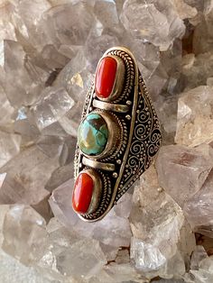 Sterling Silver Red Coral Tibetian Turquoise Long Vintage Ring Ring size 8 1/4 Bohemian Red Gemstone Rings, Southwestern Style Red Ring Jewelry, Unique Red Multi-stone Turquoise Ring, Southwestern Multi-stone Red Ring, Red Southwestern Multi-stone Rings, Southwestern Red Multi-stone Ring, Red Oval Bohemian Rings, Red Bohemian Multi-stone Rings, Bohemian Red Multi-stone Ring