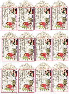 twelve red and green tags with chinese characters on them