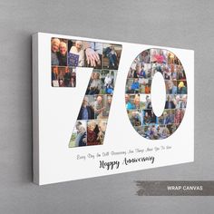 a 70th birthday card with the words happy anniversary written in many different languages and pictures