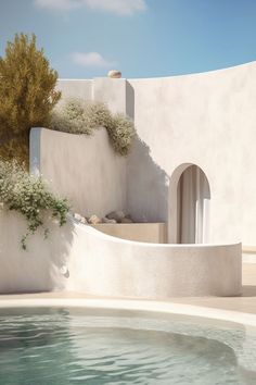 an artistic rendering of a white building next to a pool with plants growing out of it