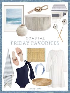 the cover of coastal friday favorites, featuring items from beach house and pool accessories