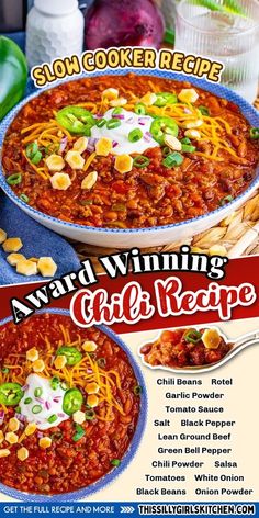 the award winning chili recipe from slow cooker recipe cookbook is shown in this image