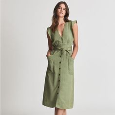 New With Tags Wedged Sandals, Godet Dress, Plunge Midi Dress, Reiss Women, Summer Cut, Sleeveless Linen Dress, Iconic Dresses, Perfect Partner, Skirt Midi