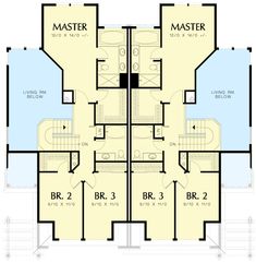 the floor plan for two story apartment with three bedroom and an attached garage, as well as