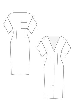 the front and back views of a women's dress, with an open neckline