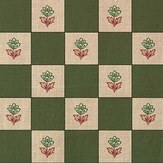 a green and white checkered pattern with red flowers on the back ground is shown