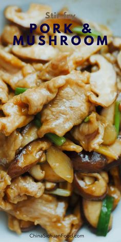 pork and mushroom stir fry in a white bowl