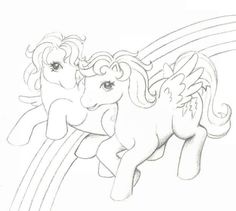 a drawing of two ponies flying over a rainbow