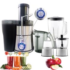 there are many different blenders on this white background, including apples and oranges