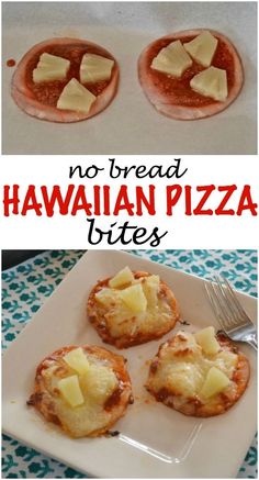 hawaiian pizza bites with cheese on top and the words, no bread hawaiian pizza bites