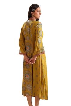 Yellow dress with geometric print and sequin, bead embroidery. - Aza Fashions Geometric Print Dress, Full Sleeves, Bead Embroidery, Women Dresses, Yellow Dress, Aza Fashion, Beaded Embroidery, Full Sleeve, Geometric Print