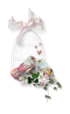 two birds in a birdcage with pink flowers and hearts on the top one