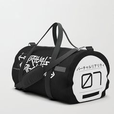 "This is a black duffle bag featuring a Cyberpunk graphic of the word \"Virtual Reality\" with Japanese text underneath, translating to \"The future is now\", and Cyberpunk graphics on either end of the bag, one of which is the VR symbol, and the other says \"Virtual Reality\" in Japanese. This virtual reality duffle bag comes in three sizes to cover all your fitness and travel needs, with each size being perfect for storing items such as gym clothing, towels, overnight items, yoga towels, yoga Cyberpunk Graphic, Workout Bag, Kitten Play Collar, Black Duffle Bag, Health Goth, Techwear Fashion, Japanese Text, Black Envelopes, Brushed Nickel Hardware