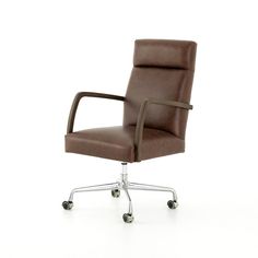 a brown leather office chair with wheels on an isolated white background, viewed from the front