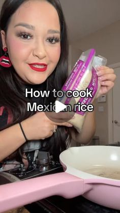 a woman is making mexican rice in the kitchen