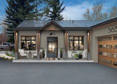 this is an artist's rendering of a house with garage doors and porches