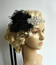 Beautiful Vintage Style, Great Gatsby inspiration designs rhinestones flapper headband. Made of - high sparkle silver crystal rhinestone headband - glamorous vintage rhinestone beaded applique - full set of light black wispy ostrich plumes Perfect for a vintage inspired bride, or a 1920's wedding or Great Gatsby party. Simply adorable! All blink. Old Hollywood glam. Each feather fascinator is handmade so every is different and unique! Color - black, silver Can be worn with feathers on the right Black Gatsby Style Wedding Headpiece, Black Gatsby Style Fascinator, Adjustable Flapper Headband For Evening, Black Vintage Headband For Evening, Black Flapper Headpieces For Party, Gatsby Style Adjustable Evening Headband, Adjustable Gatsby Style Headband For Evening, Adjustable Gatsby Evening Headband, Adjustable Gatsby Style Evening Headband