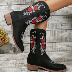 Womens Black & Red Embroidered Square Toe Short Cowboy Boots Cowgirl Boots Short, Mexican Quinceanera, Short Cowboy Boots, Quinceanera Themes, Ankle Rain Boots, Lug Sole Boots, High Leather Boots, Pointed Heels, Slip On Boots