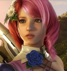 a woman with pink hair and flowers in her hair