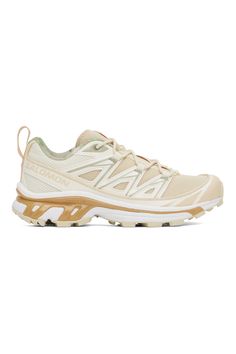 Salomon: Off-White COTTAGE CORE XT-6 Expanse Sneakers | SSENSE White Sole Lace-up Trail Running Shoes For Streetwear, Solomon Hiking Shoes, Womens Salomon Shoes, White Lace-up Trail Running Shoes With Vibram Sole, Salomon Hiking Boots, White Cottage, Luxury Streetwear, Cottage Core, Leather Trims